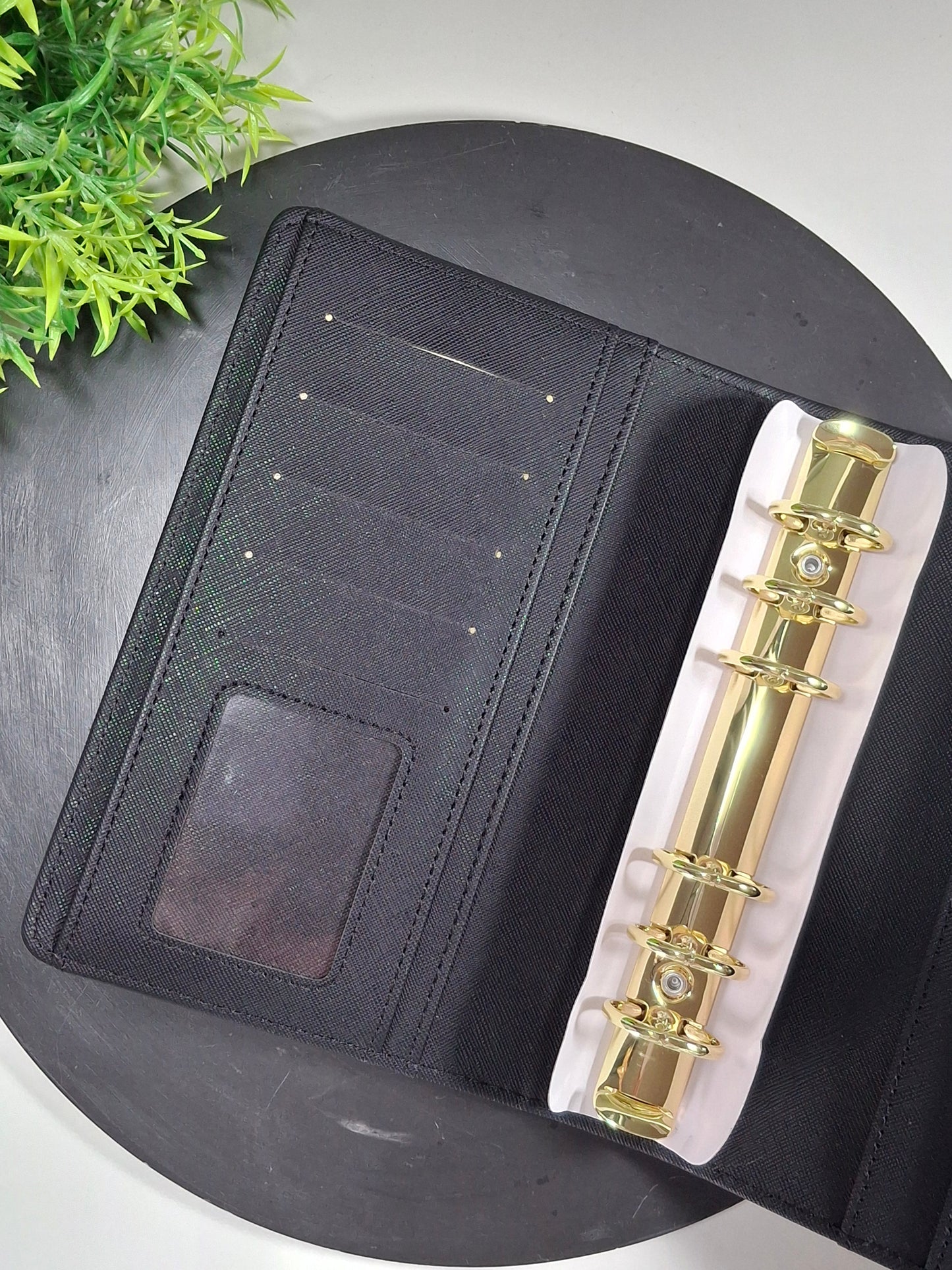 A6 wide Saffiano binder - gold rings - black on black rings - various colours